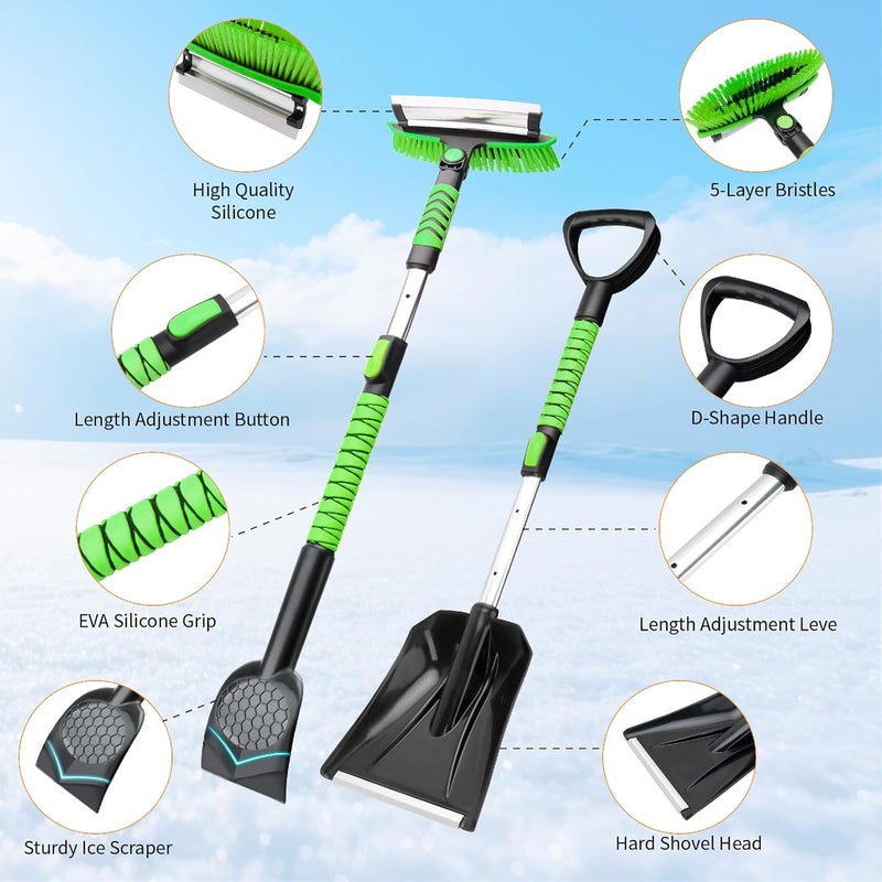 Nibule 43.3'' Snow Shovel & Snow Brush with Ice Scrapers for Car Windshield,5-in-1 Extendable Thicken Aluminum Tube,180° Pivoting Brush Head & Foam Grip for Christmas, Cars, Trucks, SUVs, Vehicle（Green - Image 4